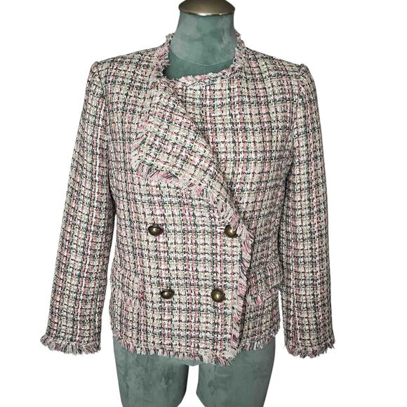 Womens Ann Taylor Pastel Tweed Cascade Fringe Double-Breasted Jacket Multi Sze 4 - Picture 1 of 6